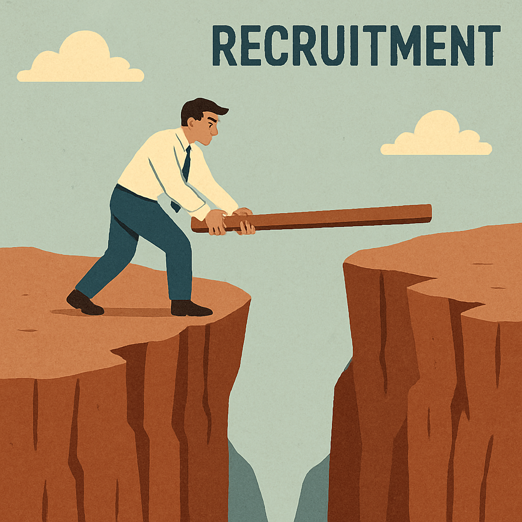 Image depicting a person trying to bridge the gap over a deep canyon symbolizing recruitment challenges